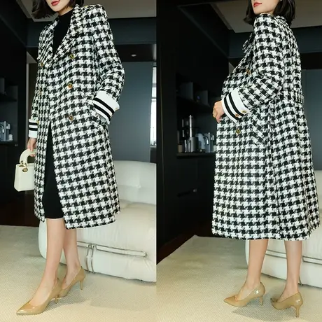 2023秋季新款女装复古经典粗花呢千鸟格中长款系带女士羊毛大衣女图片