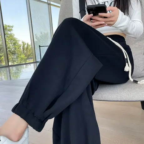 卡其色运动裤女裤子春秋季宽松休闲高腰九分抽绳哈伦灯笼束脚卫裤商品大图