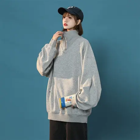 潮牌复古半高领卫衣女春秋2023新款套头美式宽松oversize无帽上衣商品大图