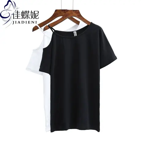 夏季新款韩版圆领露肩开叉宽松短袖纯色纯白T恤打底衫女装商品大图