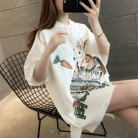 女装2023款短袖t恤女宽松韩版连帽中长款夏装时尚洋气百搭ins潮流图片