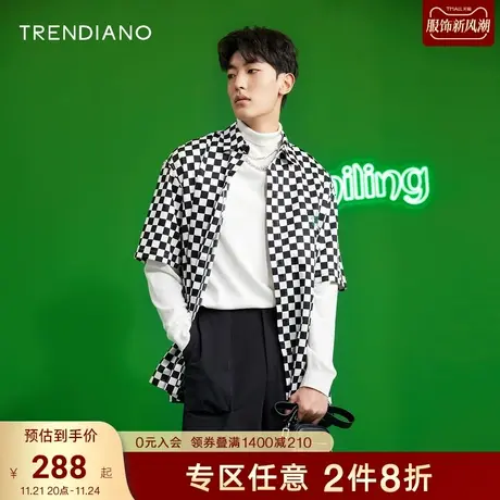 TRENDIANO夏季男装新款时尚潮流棋盘格印花翻领短袖衬衫男商品大图