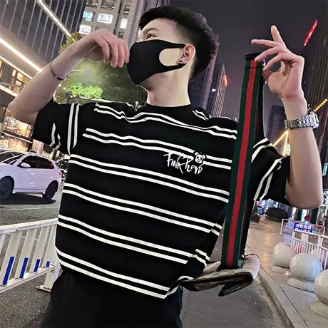 高级感条纹短袖T恤ins潮牌痞帅刺绣小熊半袖体恤2023新款夏季帅气商品大图