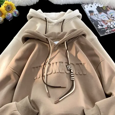 oversize美式钢印字母套头卫衣男秋冬季2024新款宽松大码连帽外套商品大图