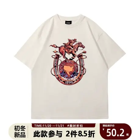 夏季美式潮牌短袖T男女设计感立体复古马术重磅高级嘻哈宽松t恤夏商品大图