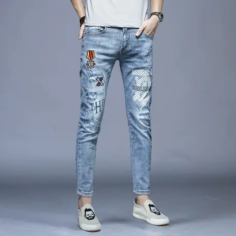 男士破洞刺绣九分牛仔裤男秋冬男款2023新款休闲修身小脚9分裤子商品大图