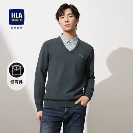 HLA/海澜之家双领设计针织衫2023秋季修身保暖撞色字母毛衣男图片