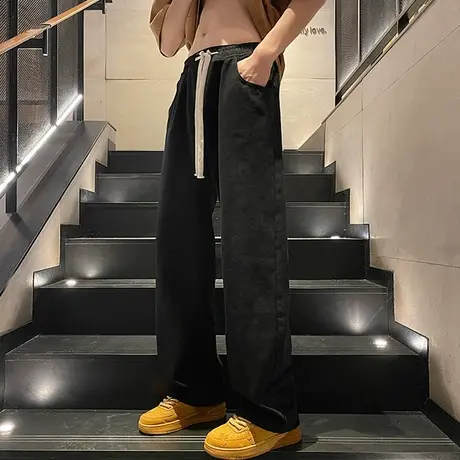 港风牛仔裤男夏季新款潮牌宽松阔腿休闲长裤潮流直筒高街黑色裤子商品大图