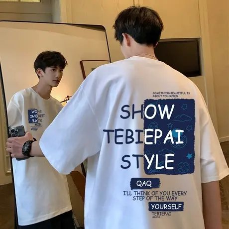 港风纯棉短袖T恤男夏季宽松重磅美式潮牌ins半袖体恤2024新款上衣商品大图