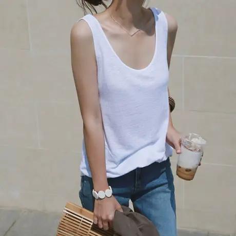 纯诗曼新款夏韩版宽松大码T袖女V领无袖打底衫白色休闲纯棉上衣潮商品大图