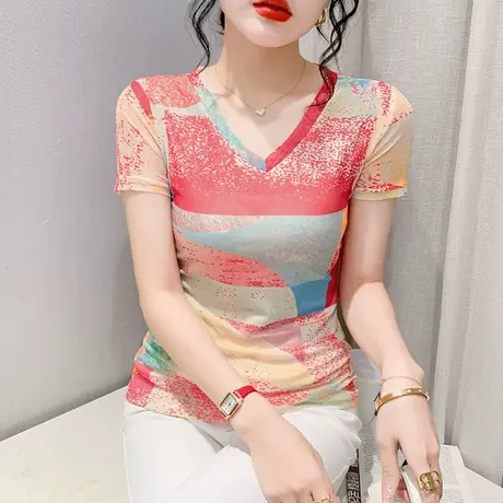女装2023新款性感V领网纱T恤别致洋气拼色上衣显瘦修身短袖小衫夏商品大图