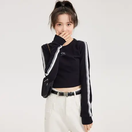 黑色正肩短款t恤女长袖2023春季新款修身显瘦内搭打底衫紧身上衣商品大图