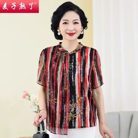 妈妈装2022夏装新款洋气小衫圆领T恤洋气七分袖春中老年人女装图片