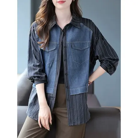 宝诗黎牛仔拼接长袖竖条纹衬衫女2024春季新款设计感显瘦棉质上衣商品大图
