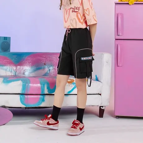 YEP黑色短裤女春秋薄款运动风裤子宽松直筒工装五分裤ins超火的商品大图