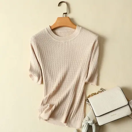 冰丝针织衫短袖女t恤夏装2024新款修身圆领短款打底衫上衣女薄款商品大图