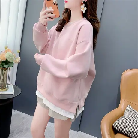 假两件圆领加绒卫衣女2023秋冬新款宽松慵懒风美式复古爆款外套潮商品大图