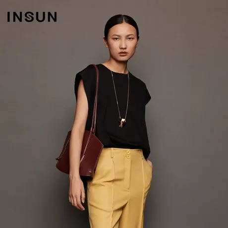 INSUN恩裳秋季黑色纯棉圆领无袖T恤图片