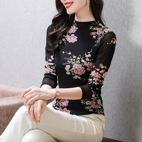 复古印花雪纺衫女长袖2024早秋新款时尚洋气网纱打底衫内搭上衣潮图片