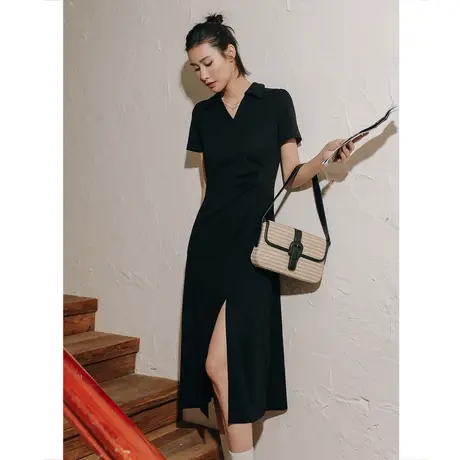 弥古黑色v领连衣裙高级感针织t恤裙女夏季收腰显瘦沙滩裙度假裙子图片
