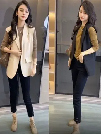 2023新款秋季马夹宽松显瘦纯色后背开叉百搭中长款西装外套马甲女商品大图