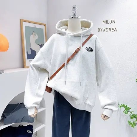 2022秋冬款韩国东大门连帽外套灰色加绒加厚卫衣宽松保暖休闲帽衫商品大图