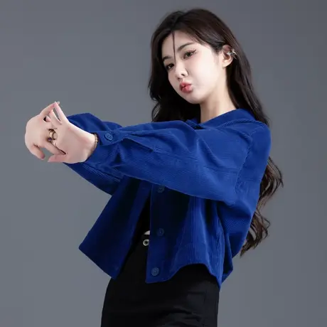 克莱因蓝灯芯绒外套女秋冬款2024新款小个子加厚条绒短款休闲上衣图片