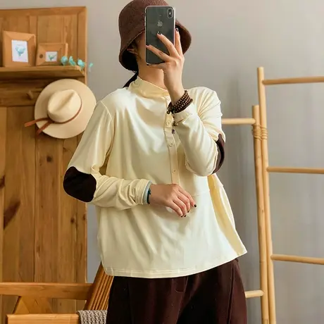 dza 复古贴布纽扣半高领打底衫女士秋冬内搭T恤宽松休闲短款上衣商品大图