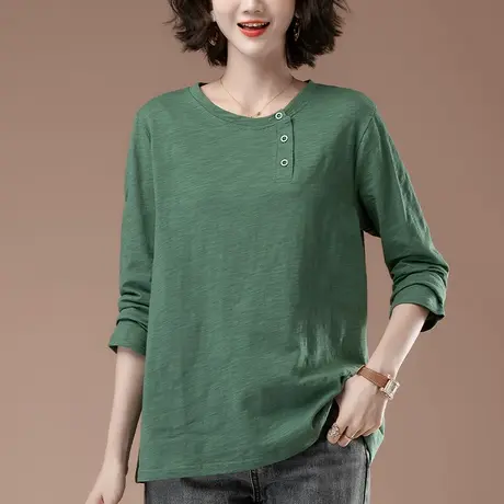 春秋季新款长袖t恤女加肥加大码宽松中年妈妈全棉休闲遮肚打底衫图片