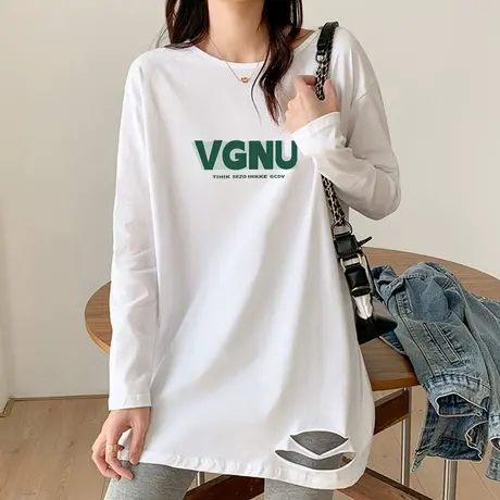 中长款大码显瘦长袖t恤女破洞打底衫2022年秋季新款宽松韩版上衣图片