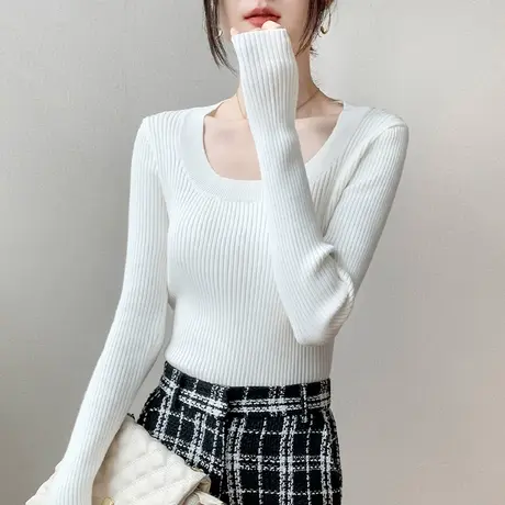低圆领露锁骨针织打底衫女2023春季新款洋气修身显瘦西装内搭上衣图片