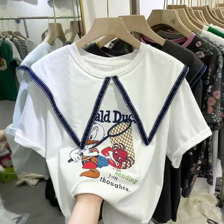 短袖t恤女2021夏季新款韩版ins潮海军领学院风宽松网红洋气上衣服商品大图