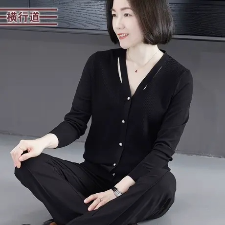 2025春季新款纯色简约V领镂空纽扣针织长袖开衫外套女装大码上衣商品大图