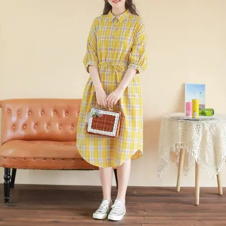 【买一送一】复古郁金香棉麻纹格衬衫连衣裙大码夏新款衬衫裙女图片