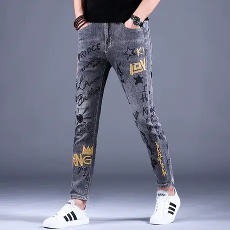 男士印花九分牛仔裤男秋冬男款2023新款修身小脚休闲裤子弹力潮牌商品大图