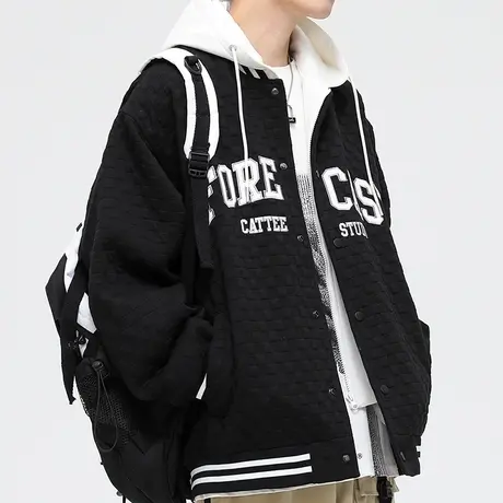 青少年假两件棒球服外套男潮流百搭刺绣连帽夹克2023新款休闲上衣商品大图