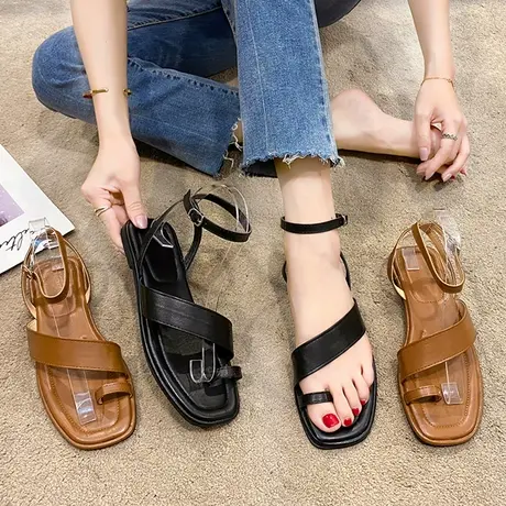 一字扣带凉鞋女夏平底2023年新款韩版百搭学生软底度假风罗马鞋子商品大图