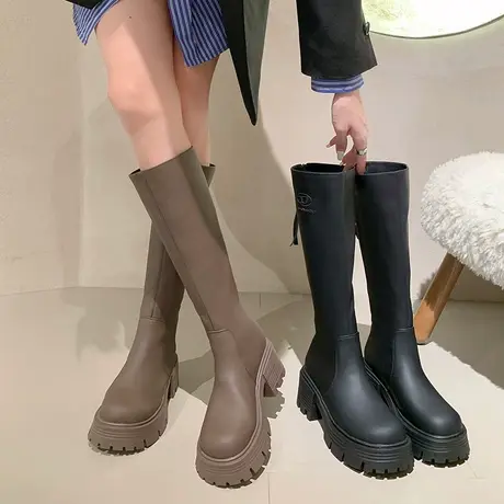 长筒靴女高跟复古2023年新款厚底增高不过膝高筒炸街ins潮骑士靴图片