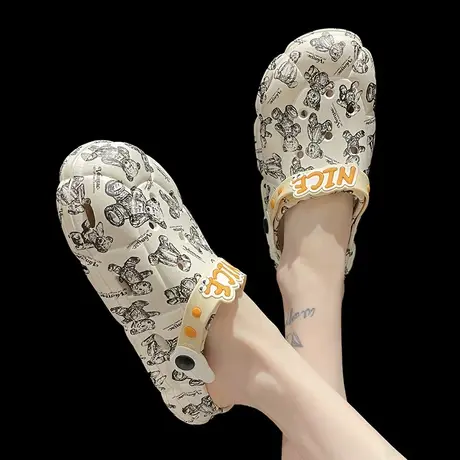 包头半拖鞋女夏时尚网红外穿可爱大熊洞洞凉鞋两穿厚底防滑沙滩鞋商品大图