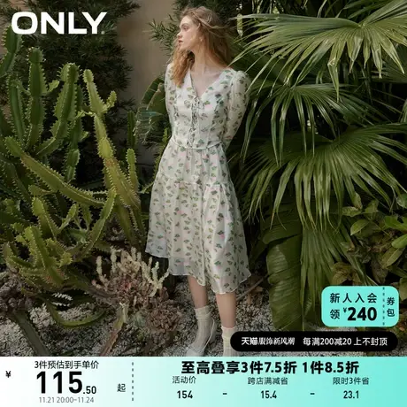 ONLY奥莱夏季复古泡泡袖刺绣V领系带短款雪纺衫女商品大图