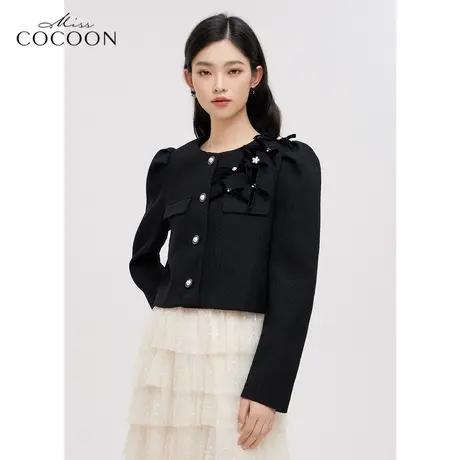 闻香悦己|miss COCOON小香风外套女2023新款时尚蝴蝶结黑色短外套商品大图