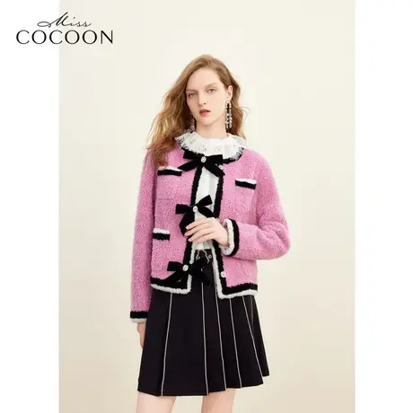 missCOCOON千金玛德琳2023冬季新女搭撞色复古蝴蝶结绵羊毛皮草商品大图