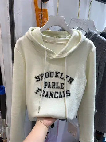 欧货字母印花磨毛连帽卫衣女2023年冬季新款时尚百搭叠穿套头帽衫商品大图