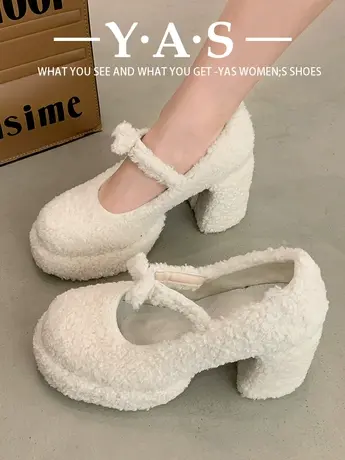 网红法式白色粗跟玛丽珍高跟鞋女秋冬2023新款小个子加绒毛毛鞋子图片