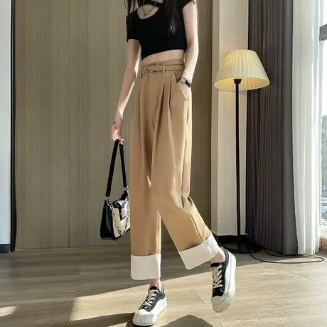 断码清仓不退不换卷边西装裤女春夏薄款高腰小个子烟管休闲阔腿裤图片