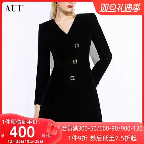 AUI黑色赫本风修身显瘦连衣裙女冬2023新款高端御姐气质V领丝绒裙图片