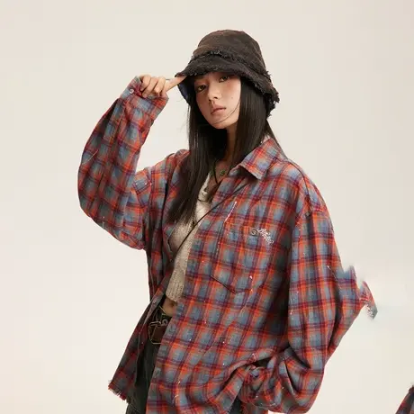 设计感毛边做旧格子衬衫女春秋2024新款复古上衣宽松oversize衬衣商品大图