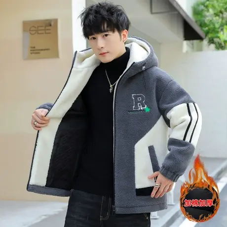 青少年加棉羊羔绒棉衣男学生冬季颗粒绒连帽夹克棉服潮流夹棉外套图片