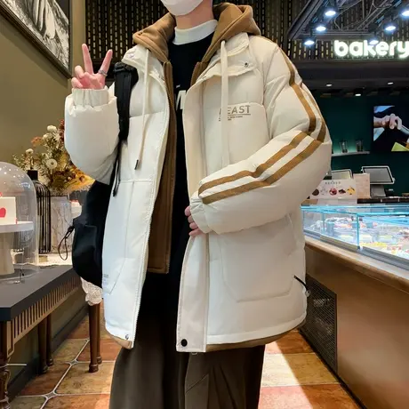 青少年棉衣男装帅气初中高中学生外套2023冬季假两件棉服棉袄加厚商品大图