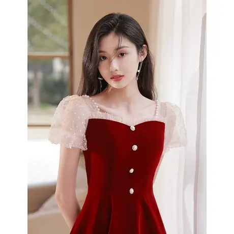 敬酒服新娘夏季小个子酒红色高级感结婚订婚回门礼服连衣裙法式女图片